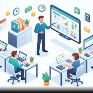 Изометрическая иллюстрация курса по расчету заработной платы для начинающих бухгалтеров на белом фоне